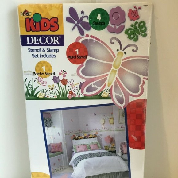 PLAID KIDS WALL DECOR - 2 Stencils, 4 Stamps Set-flower, butterfly - Picture 1 of 4
